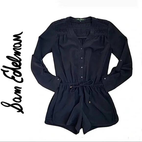 Sam Edelman navy crocheted lace long sleeve shorts‎ romper size medium - Picture 1 of 8